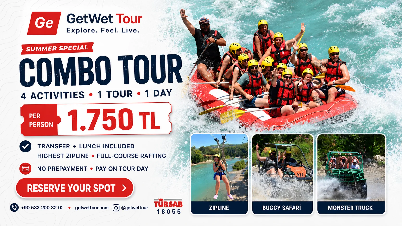 Rafting, zipline, buggy safari and monster truck Combo Tour campaign