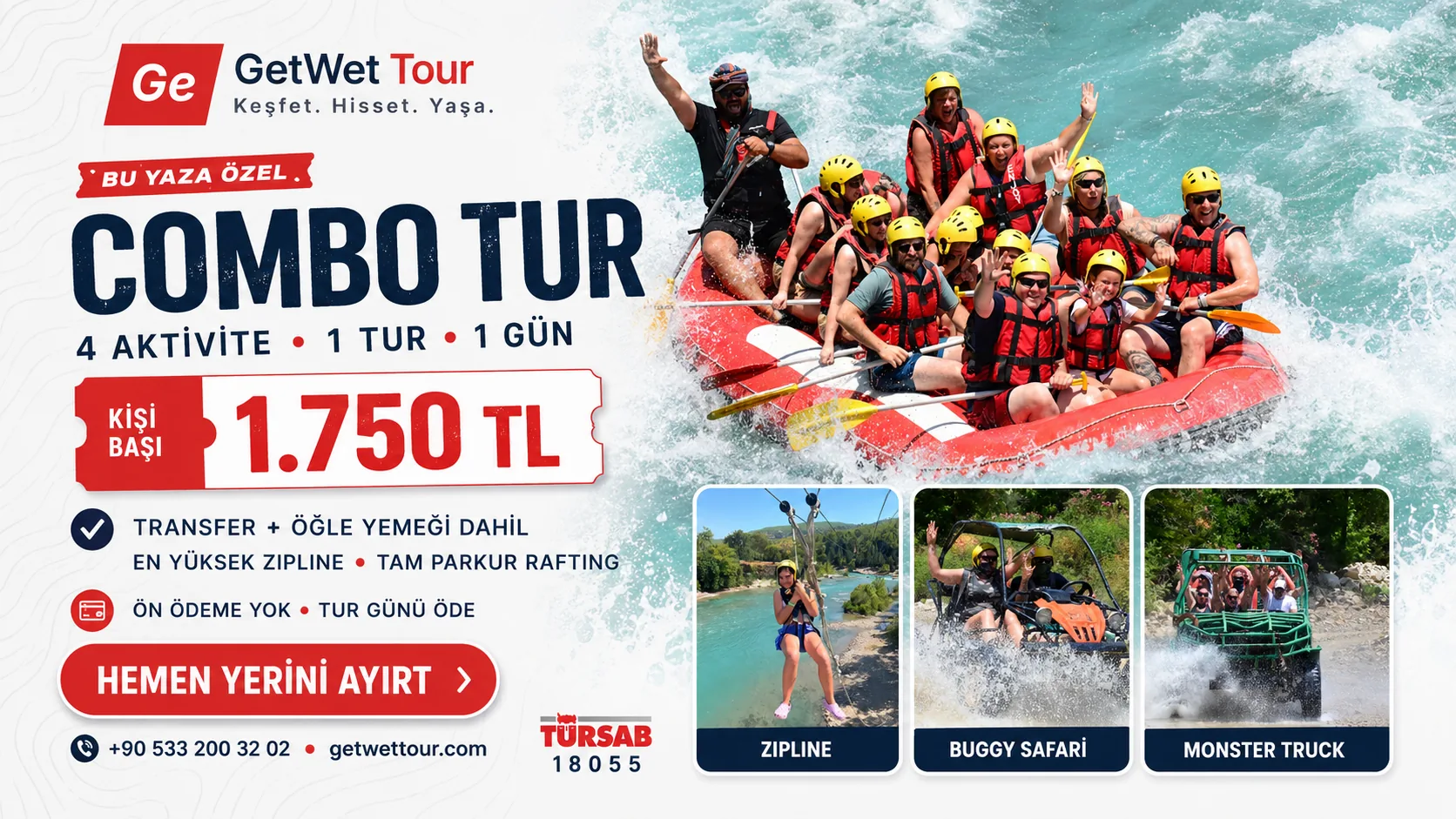 Rafting, zipline, buggy safari ve monster truck Combo Tur kampanyası